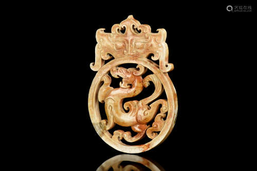 JADE RING WITH INNER WALKING DRAGON AND TAOTIE MASK ON TOP
