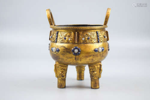 GILT BRONZE AND ORNATE TRIPOD CENSER