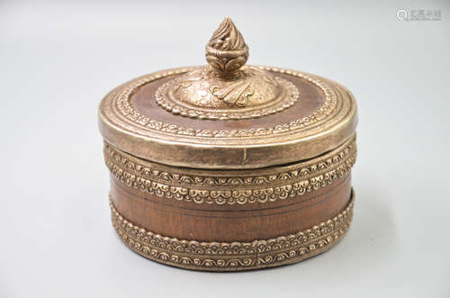 TIBETAN WOOD AND SILVER BOX WITH COVER