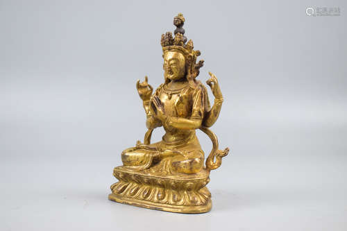 GILT BRONZE CAST FOUR-ARMS BODHISATTVA SEATED FIGURE