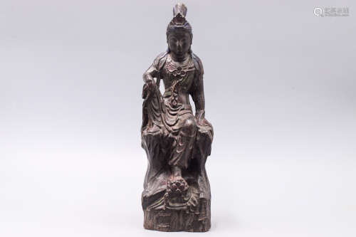 WOOD CARVED AND PAINTED GUANYIN SEATED FIGURE
