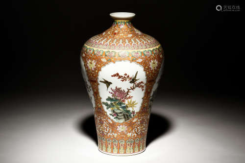 FAMILLE ROSE 'FLOWERS AND BIRDS' VASE, MEIPING
