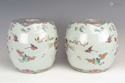 PAIR OF FAMILLE ROSE 'BIRDS AND FLOWERS' GARDEN STOOLS