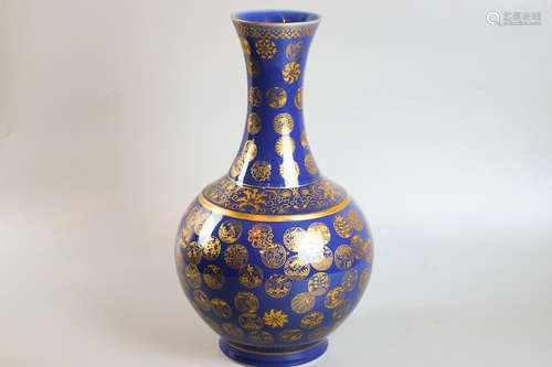 GILT BLUE MONOCHROME GLAZED BOTTLE VASE