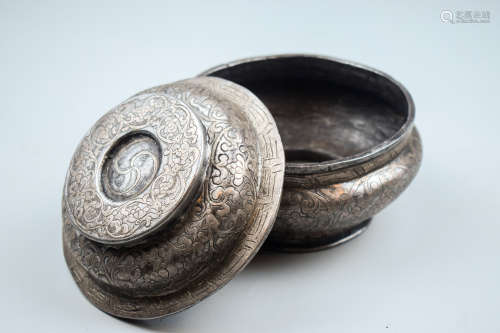 TIBETAN SILVER AND CARVED BOX WITH COVER