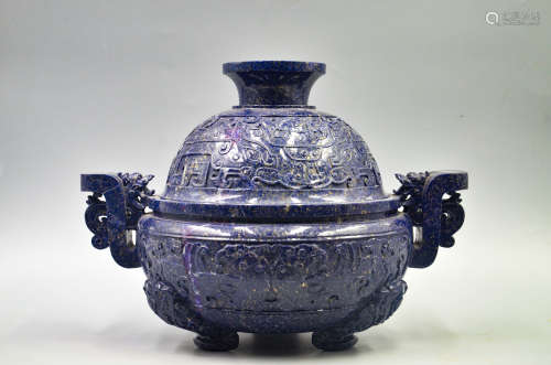 LAPIS LAZULI CARVED TRIPOD CENSER WITH LID