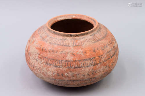 POTTERY JAR WITH PAINTED EXTERIOR