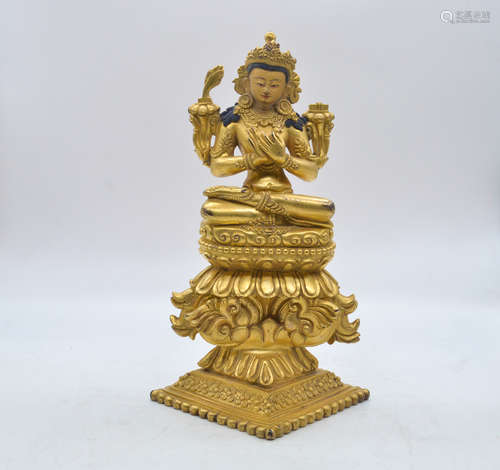 GILT BRONZE MANJUSHRI SEATED FIGURE