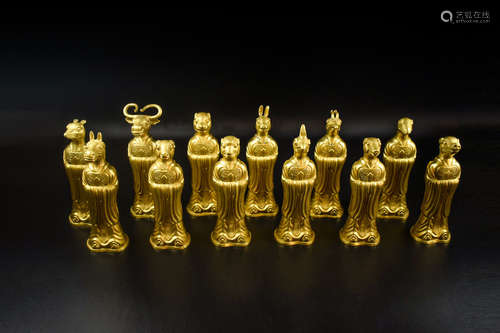 SET OF TWELVE GILT BRONZE CAST CHINESE ZODIAC FIGURES