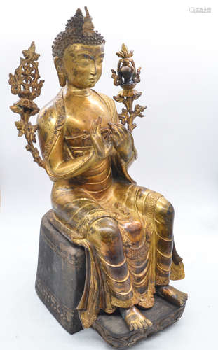 GILT BRONZE CAST SHAKYAMUNI SEATED FIGURE