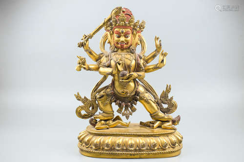 GILT BRONZE CAST SIX-ARM BODHISATTVA FIGURE