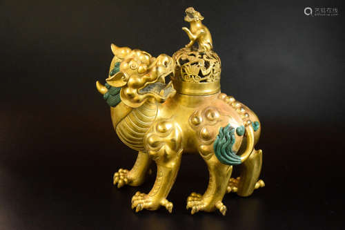 GILT BRONZE CAST 'MYTHICAL BEAST' CENSER