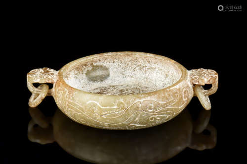 SMALL LIGHT GREEN JADE BOWL WITH RINGS IN DRAGON HEAD HANDLES