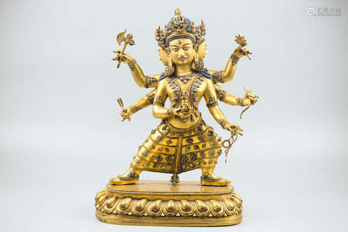 GILT BRONZE CAST SIX-ARM BODHISATTVA FIGURE