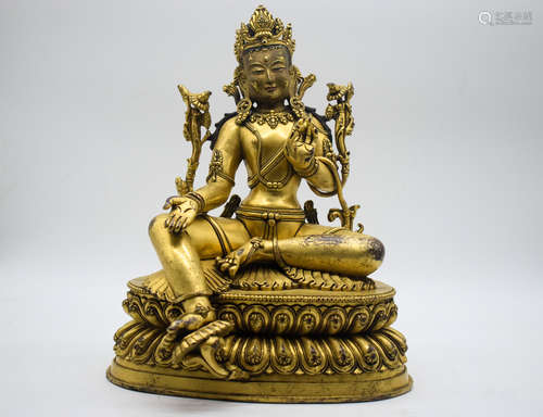 GILT BRONZE CAST 'GREEN TARA' SEATED FIGURE