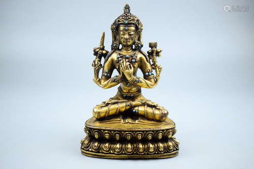 GILT BRONZE CAST MANJUSHRI SEATED FIGURE