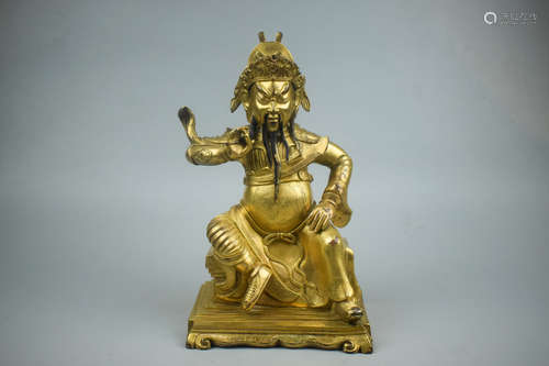 GILT BRONZE GUAN YU SEATED FIGURE