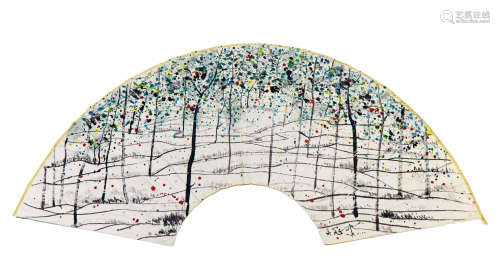WU GUANZHONG: INK AND COLOR ON FAN LEAF PAINTING 'FOREST'