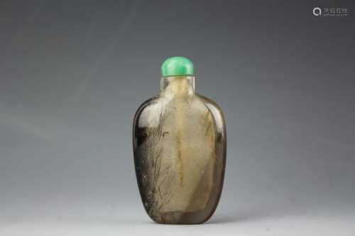 Chinese Rutilated Quartz snuffle (Haired Crystal) bottle with mid-green jade stopper. 19th century