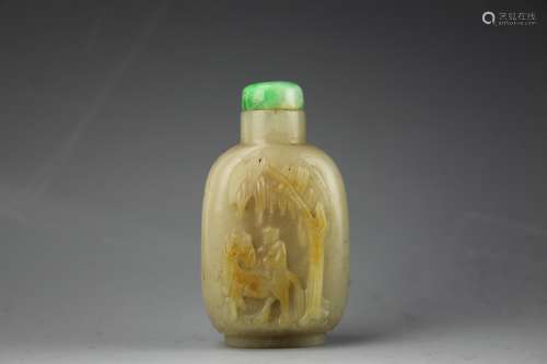 Chinese mutton fat jade snuff bottle with jadeite stopper glued to the bottle. Low relief carved figure of a man on horseback to one side and forest animals on the reverse. 19th century