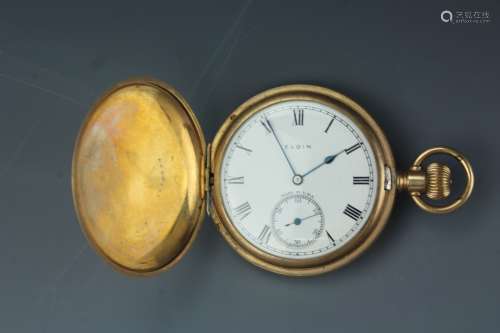 Vintage Elgin gilt hunter pocket watch with ceramic white dial and blue hands. No movements