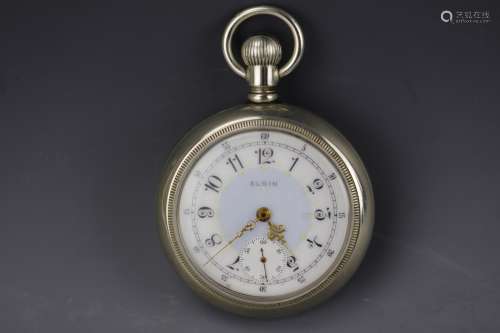 Vintage Elgin Silver pocket watch with white and blue dial, Arabic numerals and gilt hands. No movements