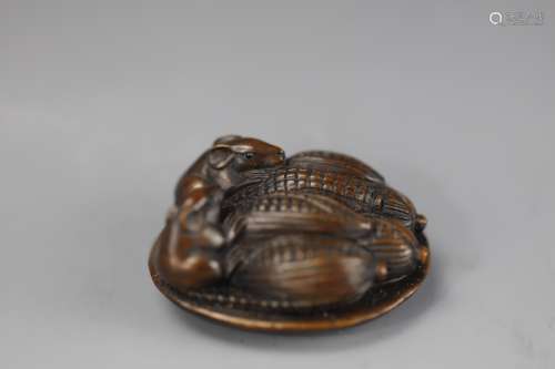 Vintage Netsuke carved rosewood of two rats eating corns