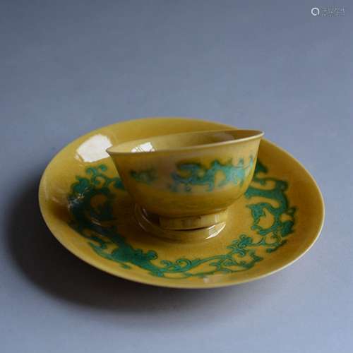 Chinese Yellow Glaze Porcelain Cup And Dish