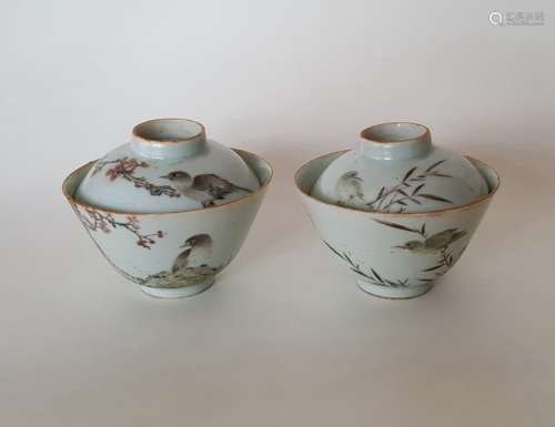 Pair Chinese Qiangjiangcai Color Porcelain Cover Bowls