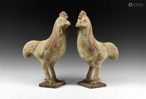 Chinese Tang Cockerel Statue Pair