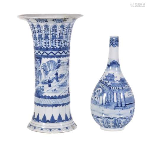 A Chinese blue and white bottle vase, Qing Dynasty, late 19th century, painted with a pavilion, the