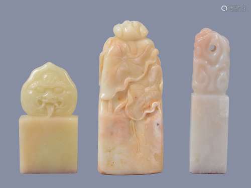 Three Chinese ' Baitian ' soapstone seals, the largest white stone with mutton fat inclusions and