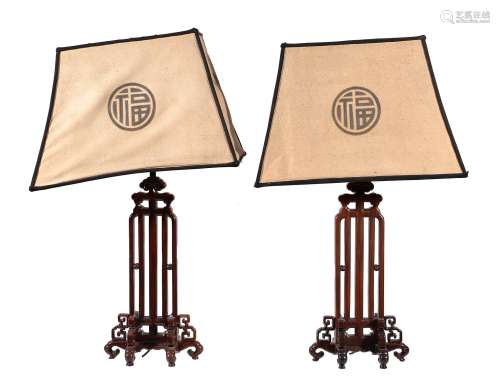 A pair of Chinese hardwood 'Fortune' Lamps, the wood bases approximately 38cm high, the overall