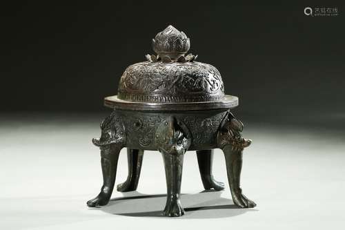 BRONZE CAST 'MYTHICAL BEAST' CENSER WITH FIVE LEGS