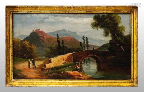 RIVER LANDSCAPE WITH FIGURES AND COTTAGES