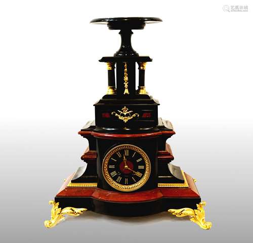 CLOCK IN BLACK MARBLE FROM BELGIUM AND RED FRANCE