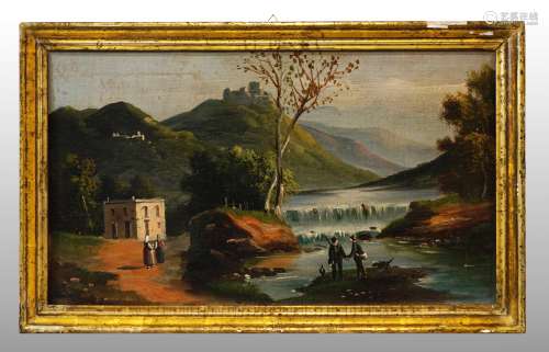 RIVER LANDSCAPE WITH FIGURES AND COTTAGES