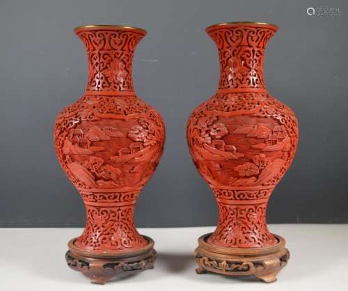 Pair Chinese Carved Red Cinnabar Lacquer Vases