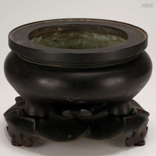 Chinese Qing Dynasty Cast Bronze Censer & Stand