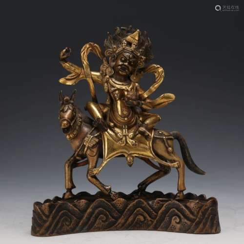 Tibetan Qing Gilt Bronze Figure on Horse w Base