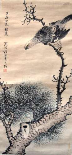 Chinese Ink & Color Painting; Hawk in Pine