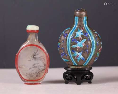Two Chinese Snuff Bottles; Inside Painted & Silver