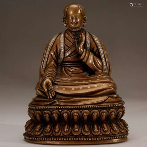 Tibet 17 C Bronze Seated Lama with Silver Inlay