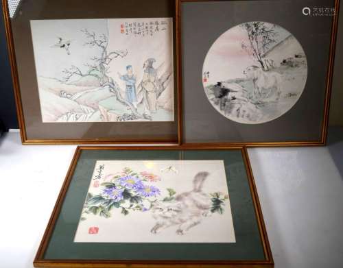 Three Chinese Paintings on Paper; Framed