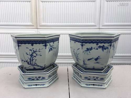 Pr Lg Chinese B&W Porcelain Hexagonal Planters & Trays