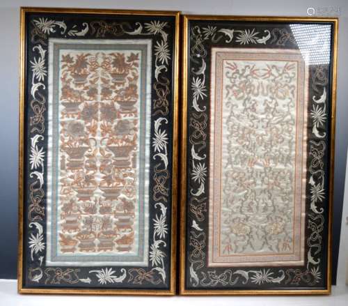 Two Silk and Gold Embroidery Panels in Frames