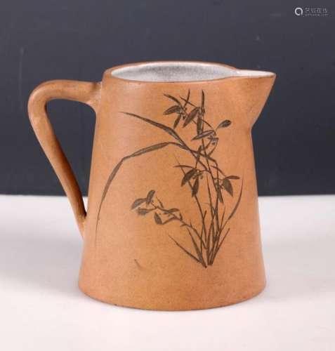 Chinese Incised Enameled Light Clay Yixing Pitcher