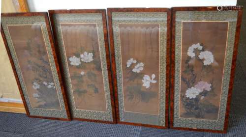 Set 4 Chinese Flower Paintings on Silk; Framed
