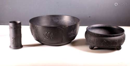 Three Old Wedgwood Black Basalt Containers