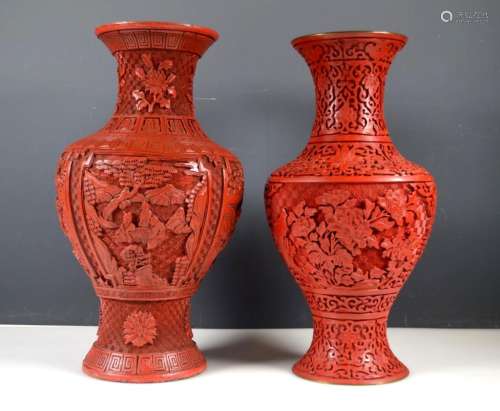 Two Chinese Carved Red Cinnabar Lacquer Vases